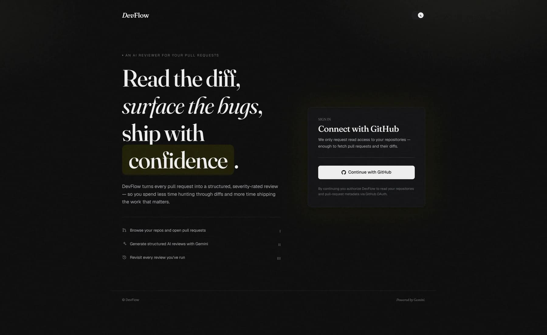 DevFlow sign-in screen with GitHub OAuth, in dark mode