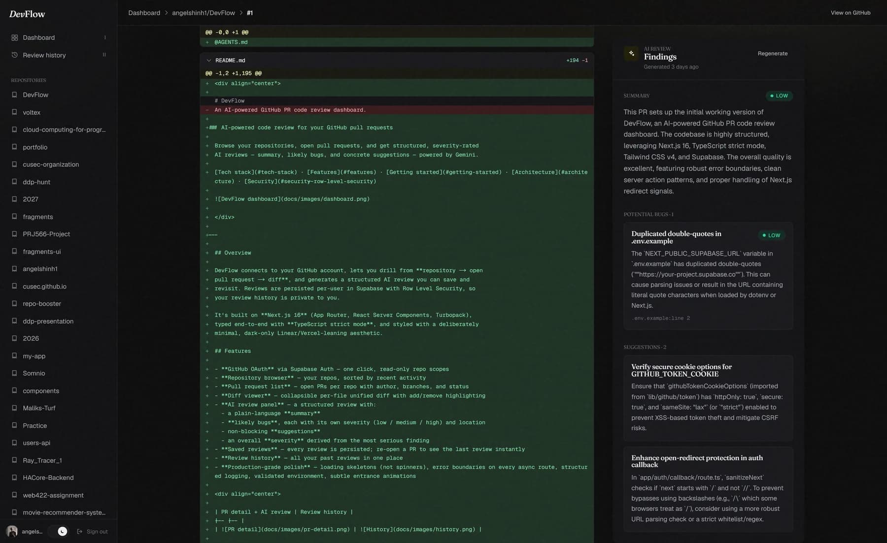 A pull request diff beside the AI review panel, in dark mode